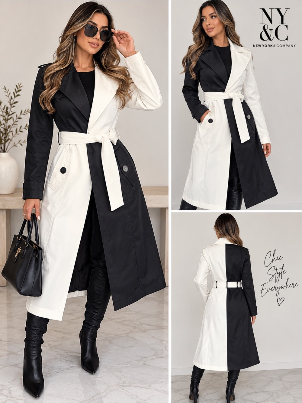 NWT New York & Company Black White Colorblock Belted Trench Coat M